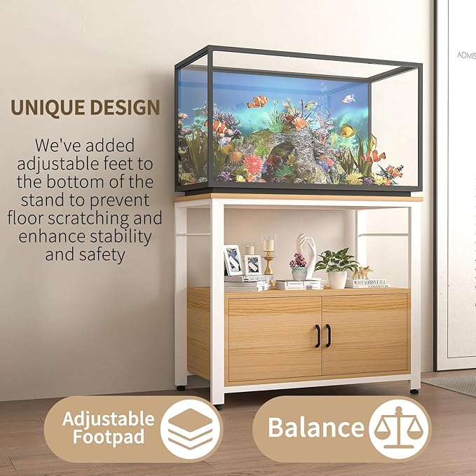 Fish Tank Stand Metal Aquarium Stand with Cabinet Accessories Storage 40-50 Gallon, Double Layer Metal with Storage Weight Capacity 760lbs, White Walnut Brown