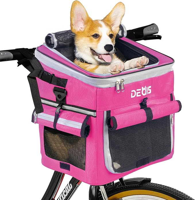 Dog Bike Basket, Dog Bike Carrier with Mesh Windows, Side storage pocket with poop bag dispenser, Reflective Tapes, Pet Backpack Carrier for Small Dogs Cats, Pink