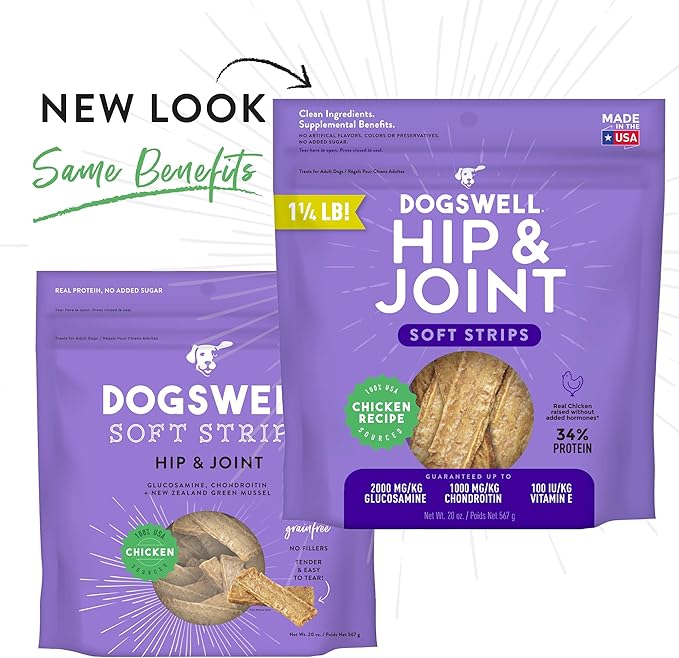 DOGSWELL Hip & Joint Dog Treats 100% Meaty, Grain Free, Glucosamine Chondroitin & Omega 3, Chicken Soft Strips 20 oz