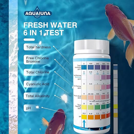 AQUALUNA Aquarium Test Strips 6 in 1 for Freshwater and Saltwater- Fish Tank Test Kit Monitoring Level of pH, Nitrate, Nitrite, General Hardness, Free Chlorine and Carbonate-100 Counts