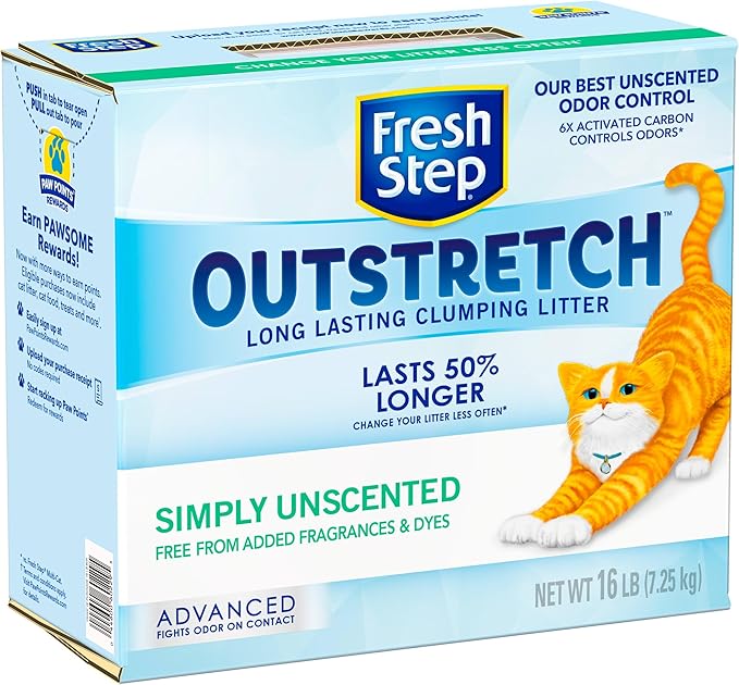 Fresh Step Clumping Cat Litter, Outstretch Advanced, Unscented Long Lasting Odor Control Kitty Litter with Activated Charcoal, 32 lb