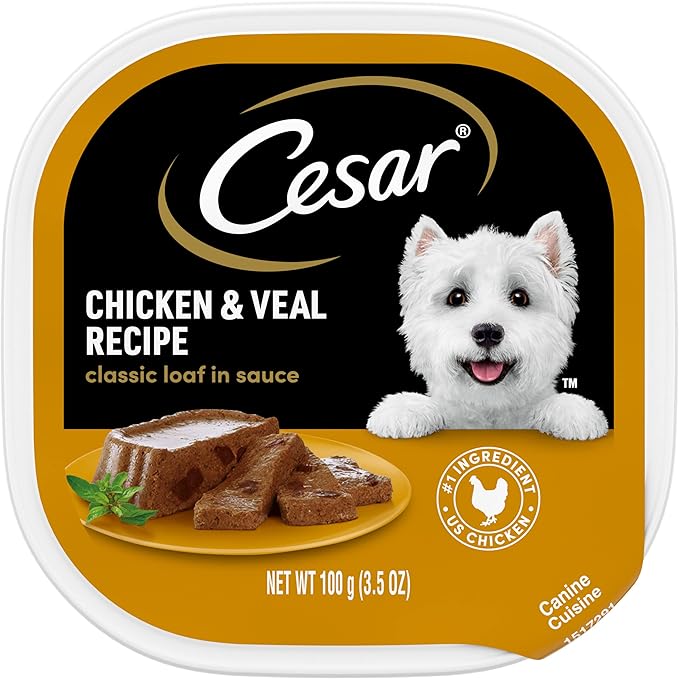 CESAR Adult Wet Dog Food Classic Loaf in Sauce Chicken & Veal Recipe, 3.5 oz. Easy Peel Trays, Pack of 24