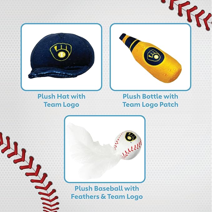 BEST PLUSH CAT TOY - MLB MILWAUKEE BREWERS Complete Set of 3 piece Cat Toys filled with Catnip. Incld: 1 Baseball Cap Cat Toy, 1 Baseball Cat Toy with Feathers & 1 Beer Bottle. Beautiful Team LOGOS