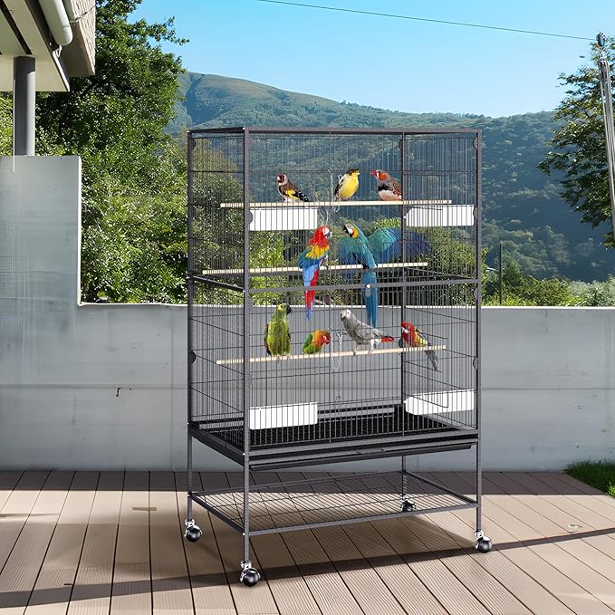 VEVOR 52 Inch Standing Large Bird Cage, Wrought Iron Flight Bird Cage with Rolling Stand and Slide Out Tray, Parakeet Cage Bird Cage for Parrots, Macaw, Cockatiels, Canary, Finch, Lovebirds, Pigeons