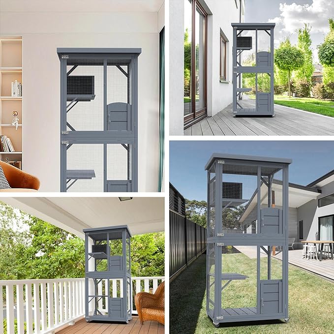 Catio Outdoor Cat House, Wooden Large Enclosure with Run on Wheels, 64" Outdoor/Indoor Cat Catio for Multiple Cats with Waterproof Roof, Platforms, Resting Box, Cat Scratching Post