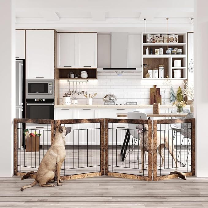 Folding No-Assembly Pet Gate 96" Wide, 30" Tall Wooden Dog Gate, Freestanding Wire Pet Gate, Pet Puppy Safety Fence, with 2PCS Support - Rustic Brown