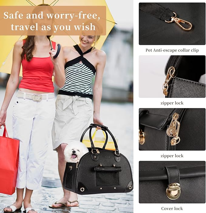 Dog Carrier, Pet Carrier, Dog Purse, Foldable Premium PU Leather Cat Carrier, Portable Tote Bag Carrier for Cats and Small Dogs - Black
