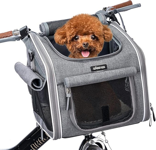 Dog Bike Basket, Expandable Soft-Sided Pet Carrier Backpack with 4 Open Doors, 4 Mesh Windows for Small Dog Cat Puppies-Grey