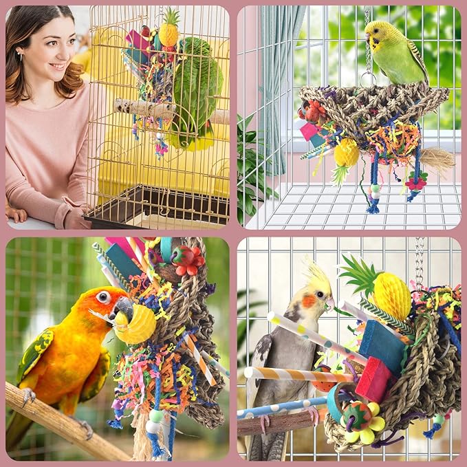 KATUMO Bird Toys, Seagrass Basket Bird Toy with Array of Chewable Parrot Foraging Toys for Small Medium Parrot Birds