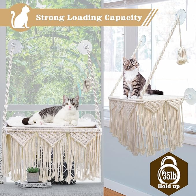 Cat Window Perch Macrame Cat Hammock Boho Wall Mounted Pet Resting Seat Bed for Sunbathing, Napping & Overlooking with 4 Seat Suction Cups & Fleece Blanket & Knitted Ball Toy - Weighted up to 35lbs.