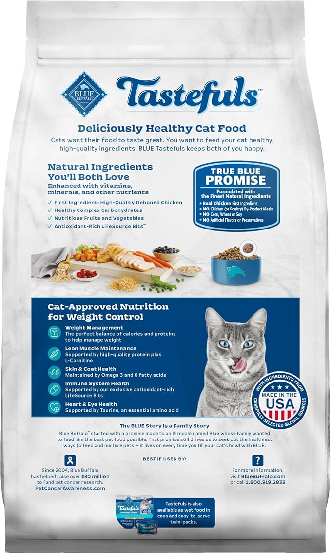 Blue Buffalo Tastefuls Adult Dry Cat Food for Weight Management, Made in the USA with Natural Ingredients, Chicken Recipe, 3-lb. Bag