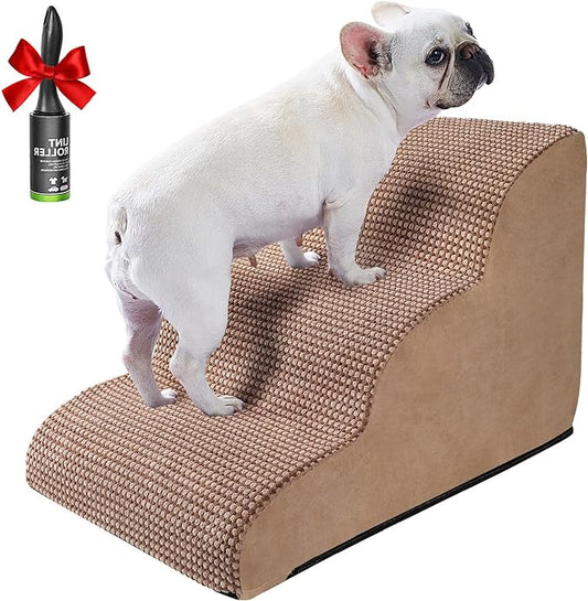 Ryoizen Dog Stairs Ramp for Small Dogs, Pet Stairs Tool for High Bed Couch, Dog Ladder as Puppy Stuff, 3 Tiers Non-Slip Pet Stairs with High Density Foam, Gifts Lint Roller for Dogs, Tan Brown