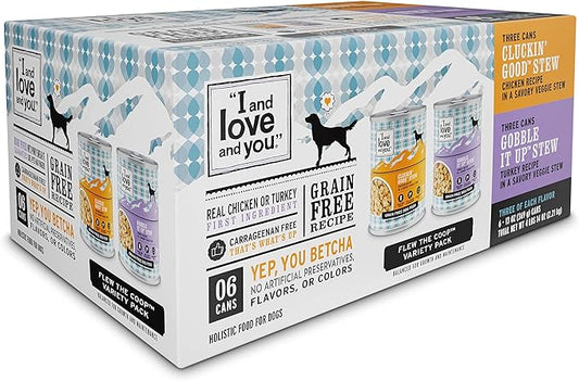 I AND LOVE AND YOU Wet Dog Food - Flew The Coop Variety Pack - Chicken + Turkey, Grain Free, Filler Free 13oz can, 6pk