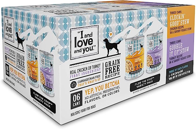 I AND LOVE AND YOU Wet Dog Food - Flew The Coop Variety Pack - Chicken + Turkey, Grain Free, Filler Free 13oz can, 6pk