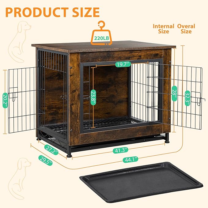 Shintenchi Wooden Dog Crate Furniture for Large Dog, XL Double-Door Kennel Indoor with Removable Tray, End Table XL Dog Crate for Decoration, 44" L*30" W*32" H, Vintage Brown