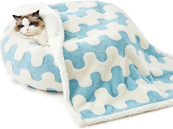 Lesure Waterproof Puppy Blanket for Small Dogs - Washable Double Sided Dog Blankets with Warm Jacquard Shag and Soft Sherpa Fleece, Pet Cat blanket for Couch Protection, 3D Textured Wave, Blue