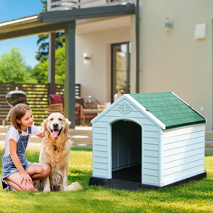 DWVO Large Outdoor Dog House, Plastic Doghouse with Air Vents and Ground Nails, Insulated Water Resistant Puppy Shelter for Small Medium Dogs (41''L x 38''W x 39''H, Green)