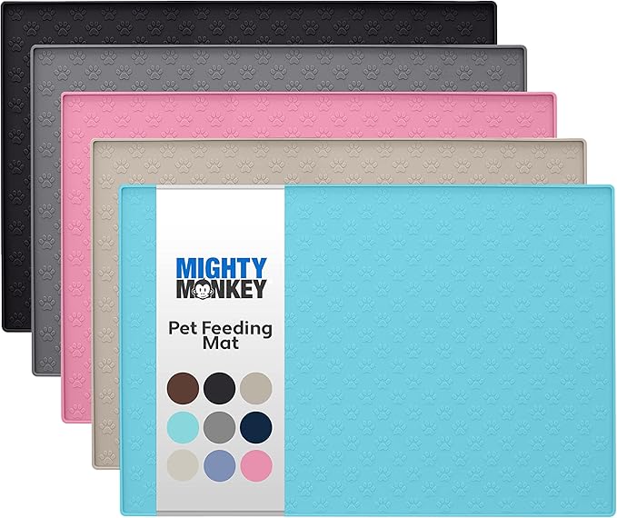 MIGHTY MONKEY 100% Waterproof Dog Food Mat, Raised Edges Silicone Pet Feeding Placemat for Cat, Dogs, Pet Bowls, High Lipped Tray Prevents Water Spills, Food on Floor, Dishwasher Safe, 18x12 Turquoise