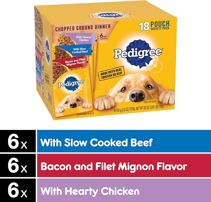 PEDIGREE CHOPPED GROUND DINNER Adult Soft Wet Dog Food 18-Count Variety Pack, 3.5 oz Pouches