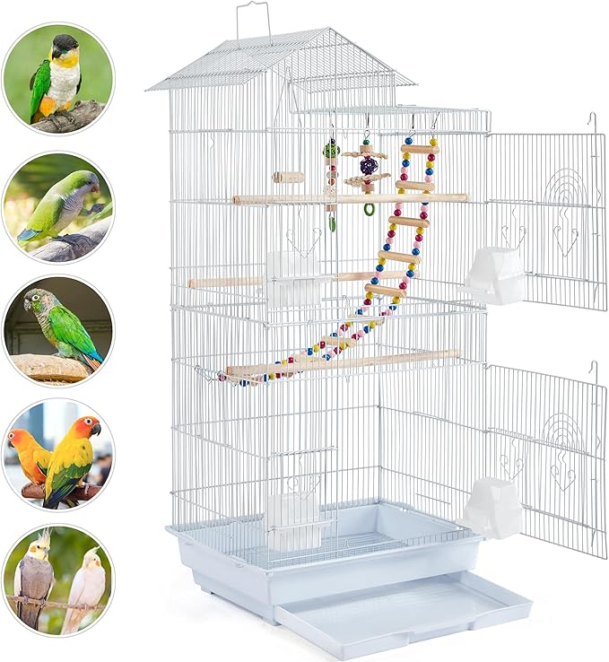 Yaheetech 39-inch Roof Top Medium Parakeet Bird Cages for Cockatiels Conures Finches Budgies Canaries Lovebirds Parakeets Green Cheek Small Birds Parrots, Travel Flight Birdcage w/Toys, White