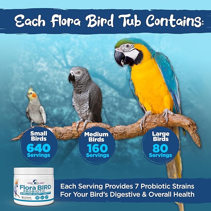 Vital Planet - Flora Bird Probiotic Powder Supplement with 10 Billion Cultures and 7 Diverse Strains, High Potency Probiotics for All Birds for Avian Digestive and Immune Support 80 Scoops 1.06 oz