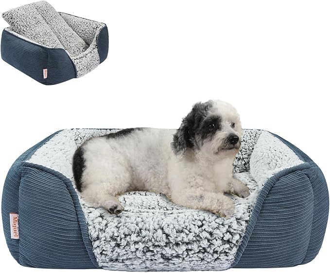 Miguel Washable Dog Bed with Removable Cushion for Medium Small Dogs, Easy to Wash Pet Sofa Bed with Side, Rectangle Bolster Cat Bed Calming Cuddle Puppy Bed with Anti-Slip Bottom, Blue 25 Inch