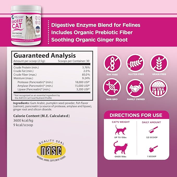 Vital Planet - Digest Cat Digestive Pancreatic Enzyme Blend with Pumpkin and Ginger to Support the Pancreas and Healthy Digestion with Pancreatin, Salmon Flavored Powder for Cats - 111 Grams 30 Scoops