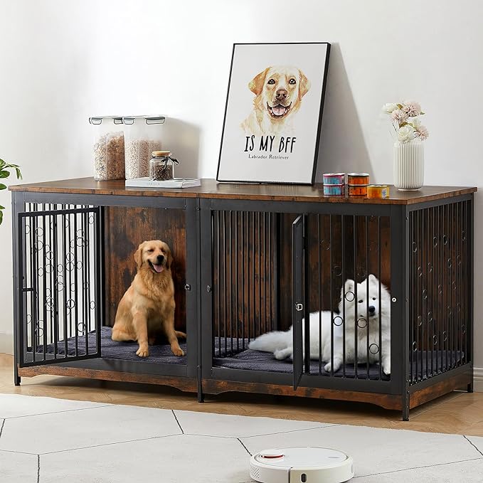 71'' Dog Crate Furniture for 2 Dogs, Wooden Double Dog Crate Large Breed with Cushion, XXL Indoor Dog Kennel TV Stand End Table with Divider for Large Medium Dogs, Brown