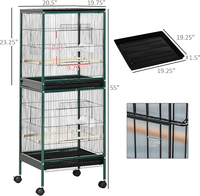 PawHut Large Bird Cage with 1.7 ft. Width for Wingspan, Bird Aviary Indoor with Multi-Door Design, Fit for a Canary, Finch, Conure, 55", Green