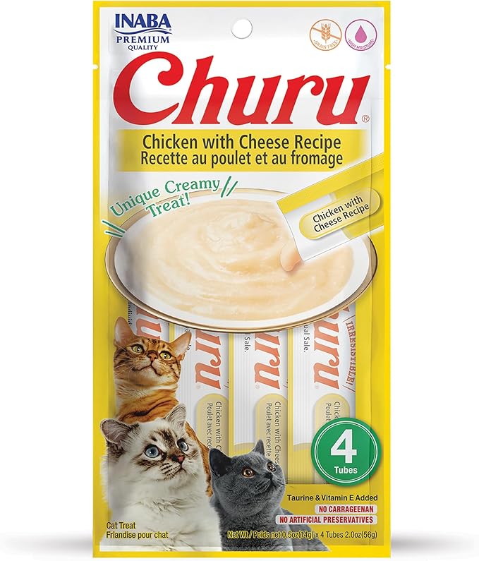 INABA Churu Cat Treats, Grain-Free, Lickable, Squeezable Creamy Purée Cat Treat/Topper with Vitamin E & Taurine, 0.5 Ounces Each Tube, 4 Tubes, Chicken with Cheese Recipe