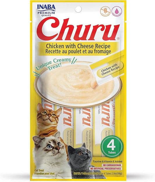 INABA Churu Cat Treats, Grain-Free, Lickable, Squeezable Creamy Purée Cat Treat/Topper with Vitamin E & Taurine, 0.5 Ounces Each Tube, 4 Tubes, Chicken with Cheese Recipe