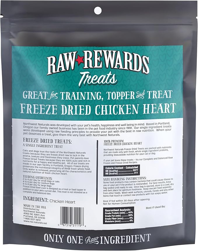 Northwest Naturals Raw Rewards Freeze-Dried Chicken Heart Treats for Dogs and Cats - Bite-Sized Pieces - Healthy, 1 Ingredient, Human Grade Pet Food, Natural - 3 Oz (Pack of 3) (Packaging May Vary)