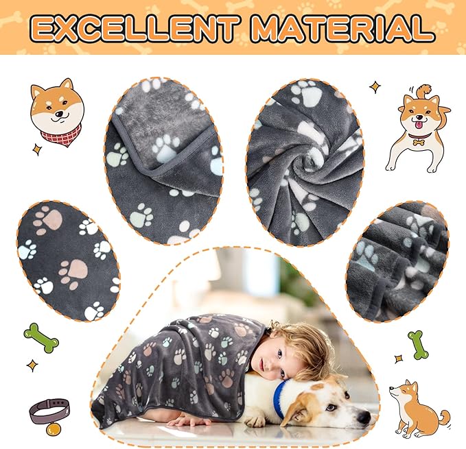 Upgraded Dog Blankets for Large Dogs,3Pack Dog Cat Blankets Washable, Soft Pet Mat Throw Cover for Kennel Crate Bed, Cute Paw Pattern, Dog Blanket, Pet Blanket (Grey 31"x41")