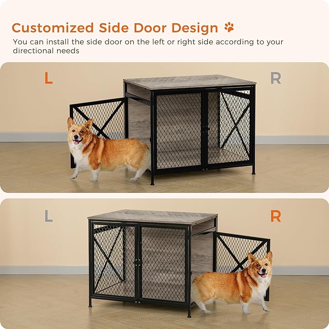 DWANTON Dog Crate Furniture, 31.5" L Three-Door Wooden Dog Kennel Indoor, Connectable expansion, Wooden Dog Crate Table for Small/Medium/Large Dog, Dog House, Dog Cage Large, Greige