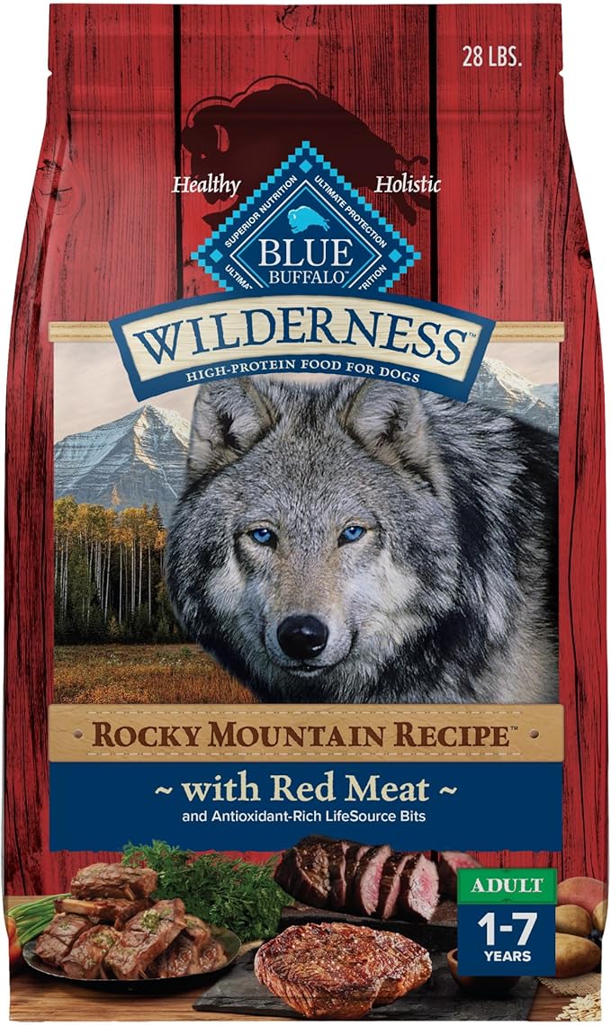 Blue Buffalo Wilderness Rocky Mountain Recipe High-Protein Adult Dry Dog Food, Made in the USA with Natural Ingredients Plus Wholesome Grains, Red Meat, 28-lb. Bag