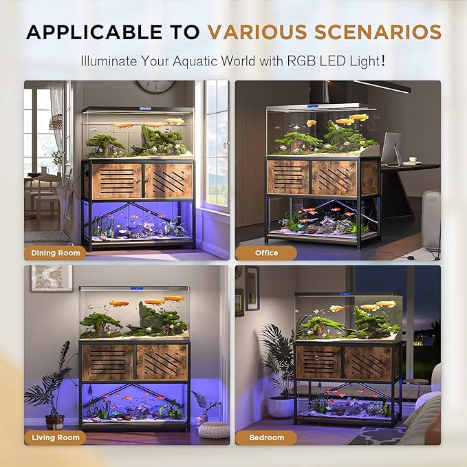 MELLCOM 40-50 Gallon Fish Tank Stand with Power Outlets & LED Light,Metal Aquarium Stand with Cabinet for Fish Tank Accessories Storage,Turtle Reptile Terrariums Stand Rack,Tank not Included