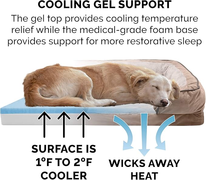 Furhaven Cooling Gel Dog Bed for Large Dogs w/ Removable Bolsters & Washable Cover, For Dogs Up to 95 lbs - Plush & Velvet Waves Perfect Comfort Sofa - Brownstone, Jumbo/XL