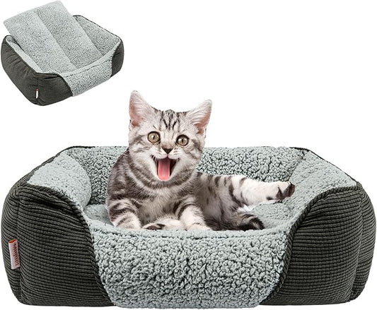 Miguel Washable Cat Beds for Indoor Cats with Removable Cushion, Easy to Wash Small Pet Sofa Bed with Side, Rectangle Bolster Kitten Bed Calming Cuddle Puppy Bed with Anti-Slip Bottom, Gray 18 Inch