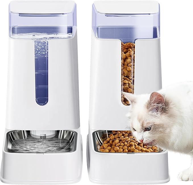 Automatic Cat Feeder and Cat Water Dispenser Set with Stainless Steel Bowls Gravity Dog Feeder for Small Medium Big Dog Pets Puppy Kitten, 1 Gallon x 2