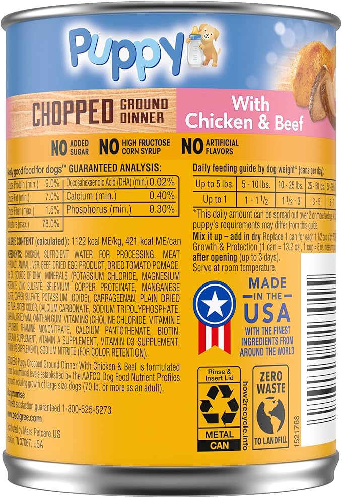 PEDIGREE CHOPPED GROUND DINNER Puppy Canned Soft Wet Dog Food With Chicken & Beef, 13.2 oz. Cans (Pack of 12)