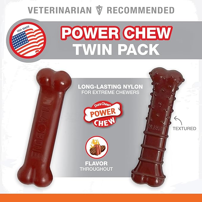 Nylabone Power Chew Classic Bone Chew Toy for Dogs, Durable Dog Toys for Aggressive Chewers, Basted Blast Bacon and Steak Flavor, X-Small/Petite (2 Count)