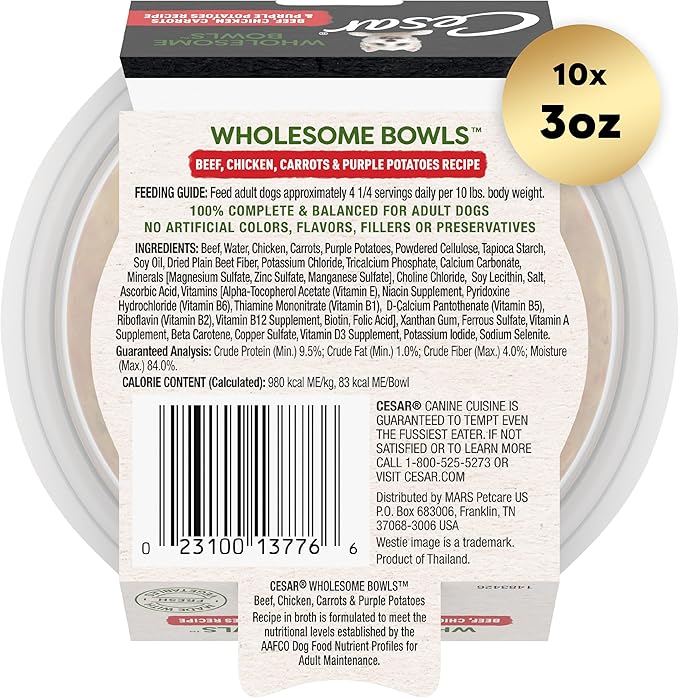 CESAR WHOLESOME BOWLS Adult Wet Dog Food, Beef, Chicken, Purple Potatoes & Carrots, 3 oz., Pack of 10