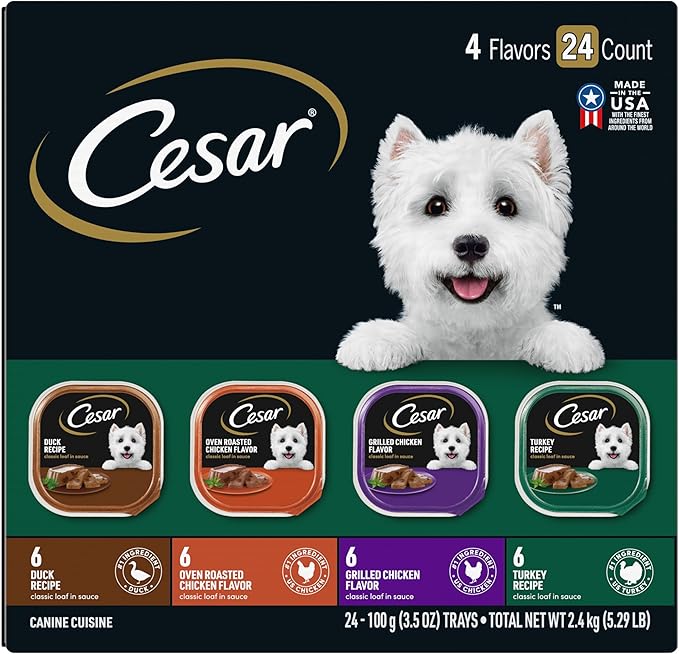 CESAR Adult Wet Dog Food Classic Loaf in Sauce Poultry Variety Pack,. Easy Peel Trays with Real Chicken, Turkey or Duck, 3.5 Ounce (Pack of 24)