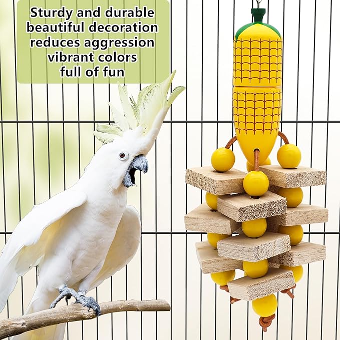 Bird Parrot Toys with Wood Blocks Beads and Colorful Ball, Corn & Carrot Style Hanging Parrots Cage Chewing Cascade Bite Toy for Small Medium Birds (Corn+Carrot)