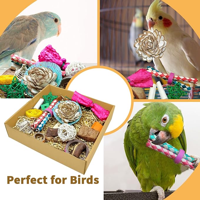 Colorful Bird Foraging & Shredding Toys Box - Interactive Chewing and Foraging Toys for Parakeets, Cockatiels, Conures, Love Birds, and Small to Medium Birds