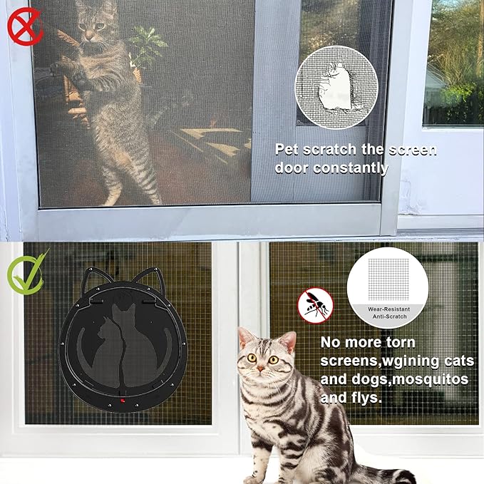 Cat Door for Screen Door, Inside Openning 10x10x0.5 inch, Patent Desigh Pet Screen Door with Lockable Magnetic Flap for Doggy and Cat Door, Suitable 0-32lb Cats and Small Dogs, Black