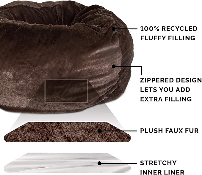 Furhaven Soft & Cozy Dog Bed for Large Dogs, Refillable w/ Removable Washable Cover & Liner, For Dogs Up to 95 lbs - Plush Faux Fur Bean Bag Style Ball Bed - Espresso, XL/Jumbo