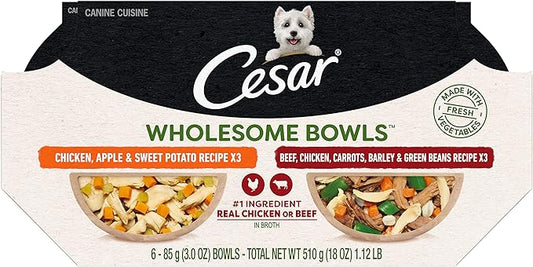 CESAR WHOLESOME BOWLS Adult Soft Wet Dog Food Variety Pack, Beef, Chicken, Carrots, Barley & Green Beans Recipe and Chicken, Apple & Sweet Potato Recipe, (6) 3 oz. Bowls