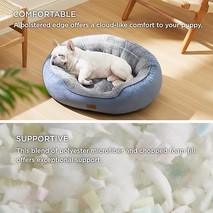 Bedsure Dog Bed for Medium Dogs - Round Washable Medium Pet Bed, Anti-Slip Donut Fluffy Plush Indoor Fur Cat Bed, 30 inches, Frost Blue