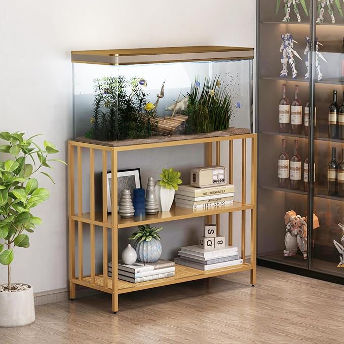 Fish Tank Stand with Metal Shelves, 55 Gallon Aquarium Stand Heavy Duty Turtle Tank Terrariums Tank Breeder Reptile Tank Stand for Home Office, 48.4” x 14.9” x 29.5” (Gold)